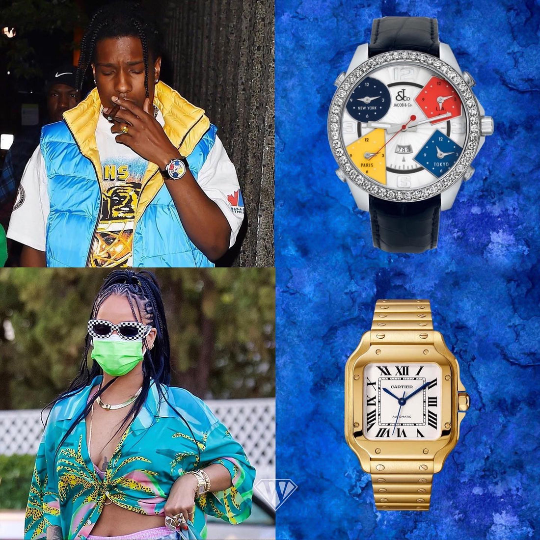 A$AP Rocky and Rihanna photographed in NYC wearing matching luxury watches — a Rolex Day-Date and Cartier Tank Louis — showcasing celebrity couple watch trends, vintage Cartier, and Rolex gold watch style from the Diamond District.