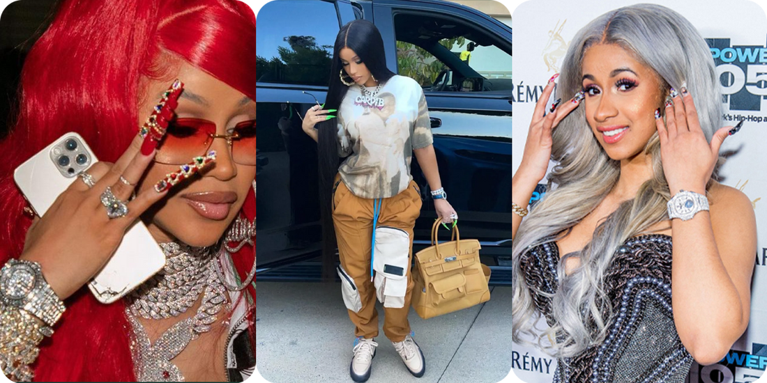 Cardi B wearing her custom diamond Audemars Piguet Royal Oak and Patek Philippe Nautilus watches, iced with baguette and VS diamonds, showcasing luxury rapper watches and fully iced-out women’s timepieces.