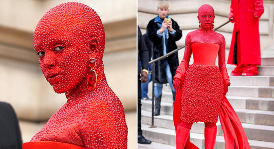 Doja Cat wearing $1 million in Schiaparelli jewelry with 30,000 red crystals at Paris Fashion Week, causing backstage chaos and stylist restrictions.