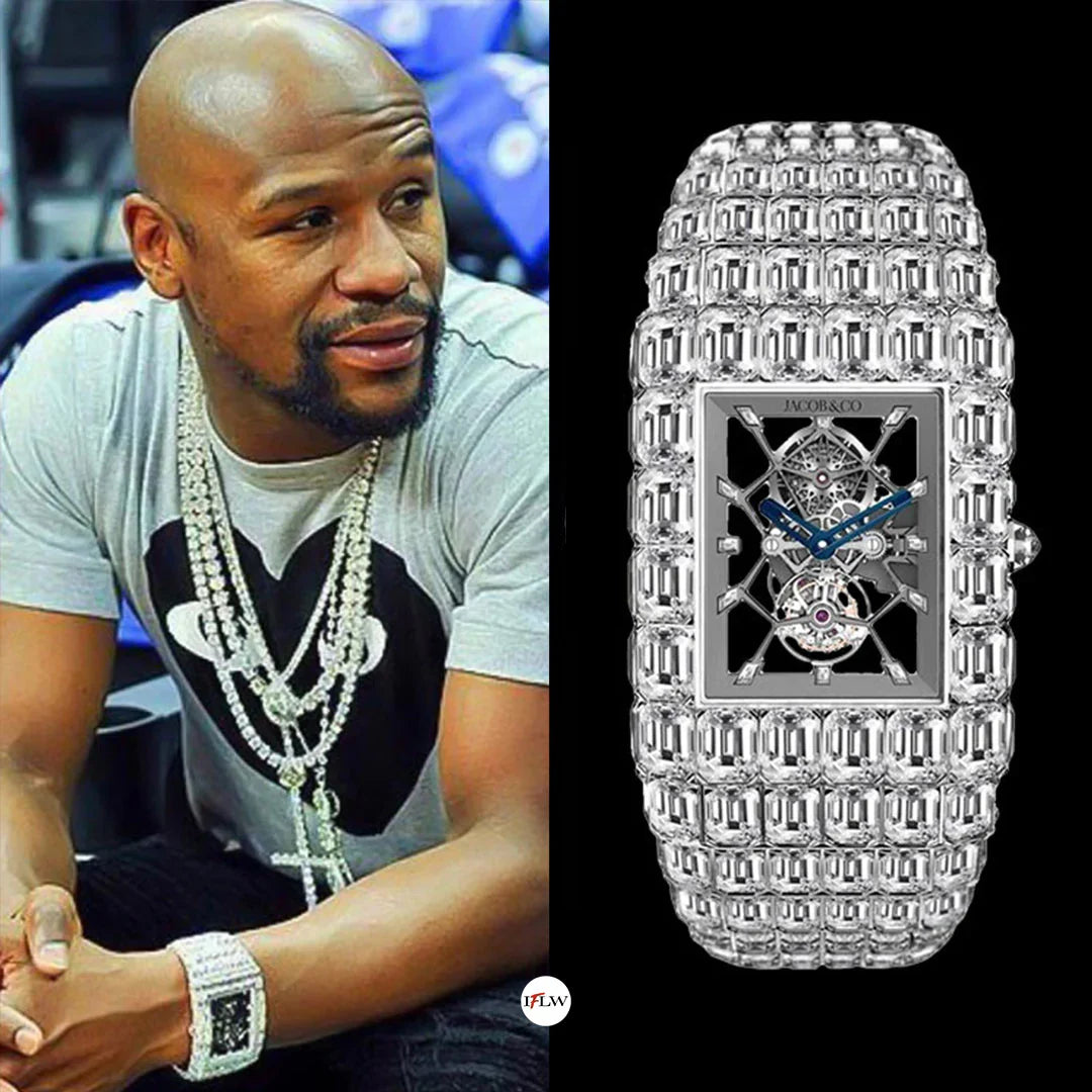 Floyd Mayweather wearing his $18 million Jacob & Co. Billionaire Watch with 260 carats of emerald-cut D color diamonds, showcasing the most expensive iced out watch in luxury history.