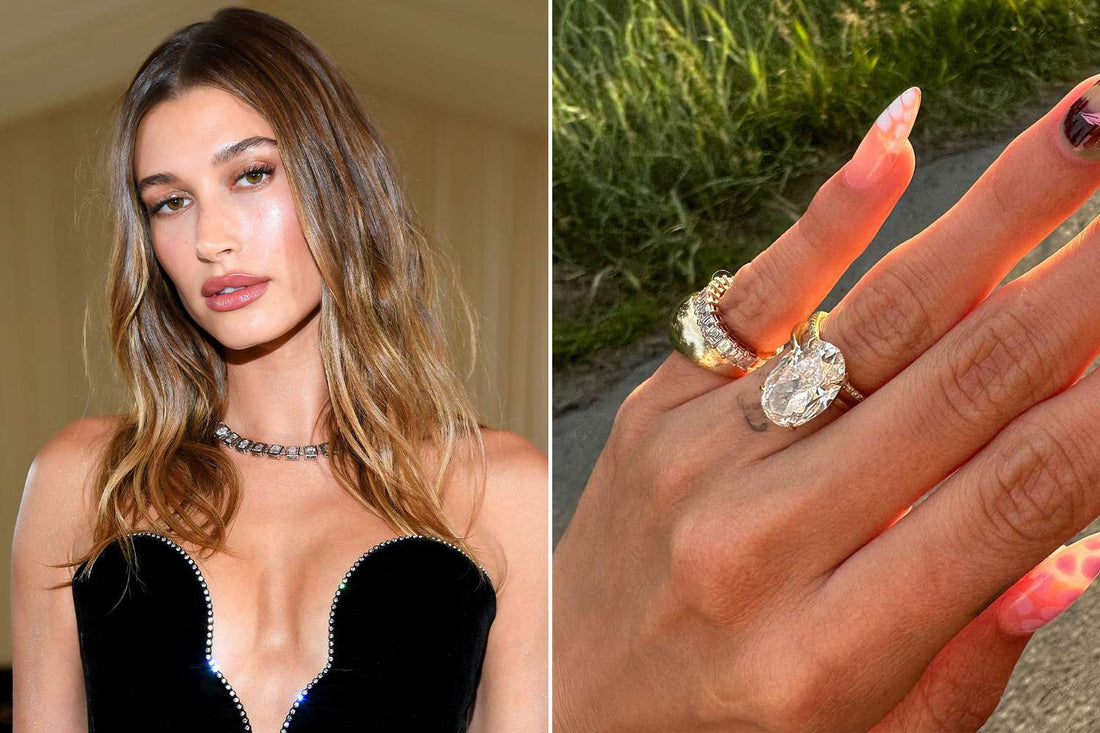 Hailey Bieber wearing her oval-cut diamond engagement ring with 18k yellow gold solitaire band, designed by Solow & Co., showcasing modern bridal trends and celebrity-inspired ring styles.