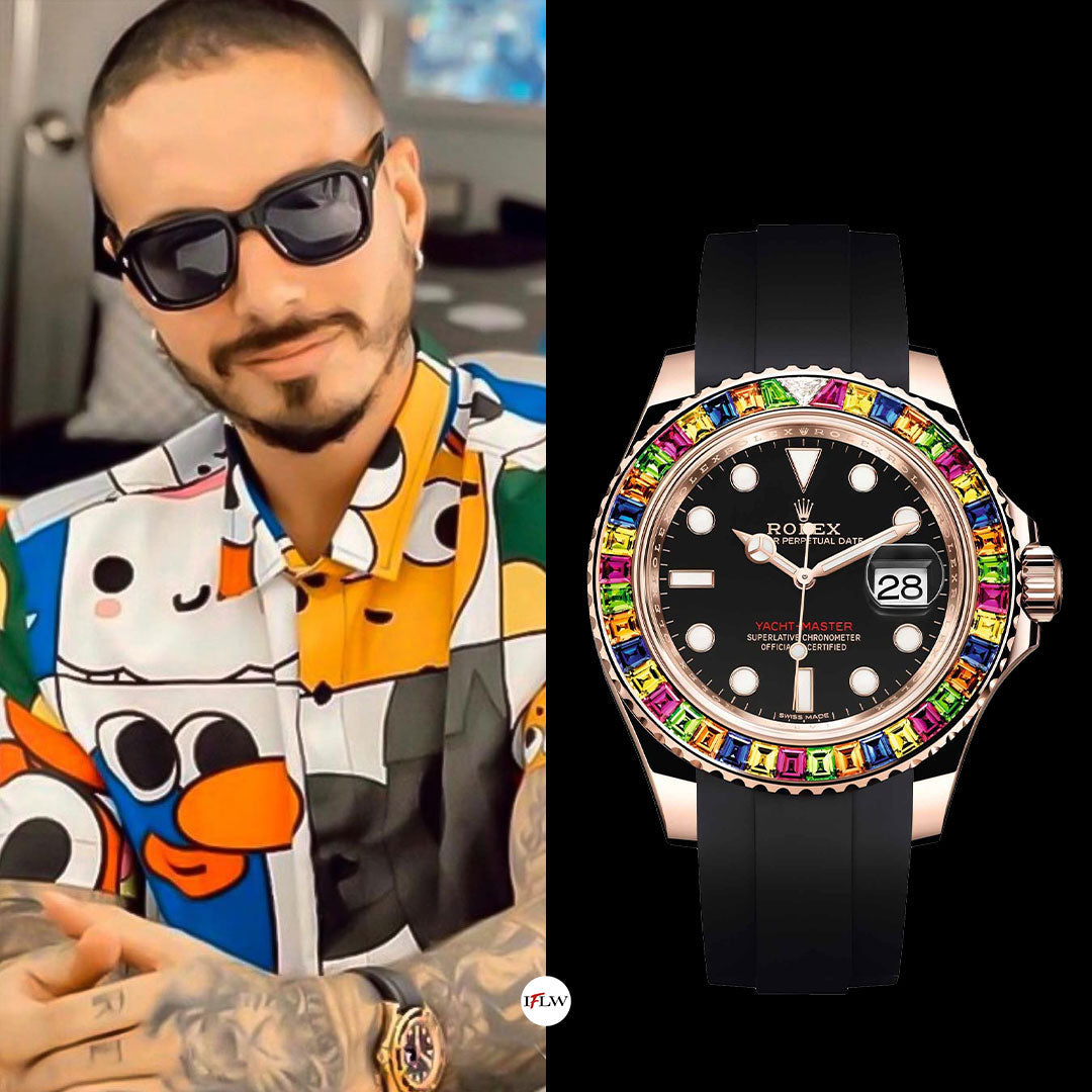 J Balvin wearing a custom rainbow Rolex Day-Date with colored sapphires and diamond grillz, showcasing Latin music jewelry trends and colorful iced-out luxury.