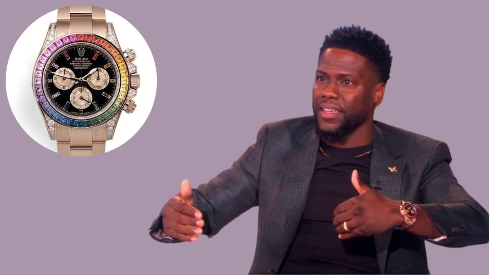 Kevin Hart wearing a Rolex Rainbow Daytona in Everose gold with multicolored sapphires and factory diamond-set lugs, showcasing rare Rolex luxury and celebrity watch style.