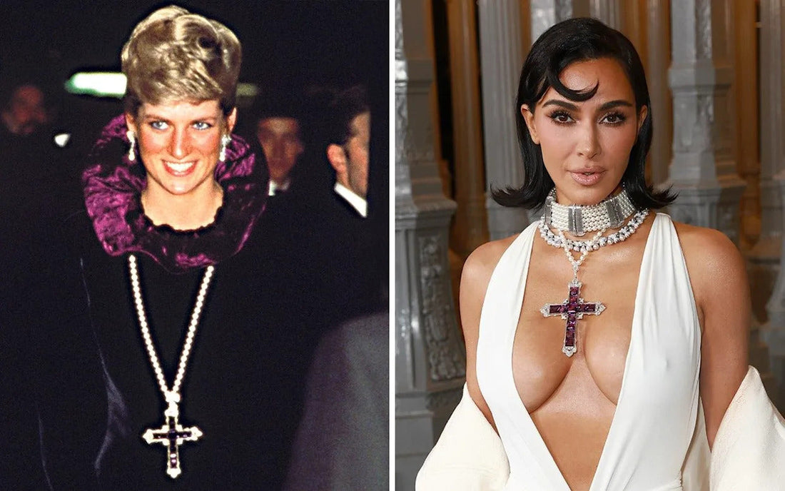 Kim Kardashian wearing a vintage diamond cross necklace once owned by Elizabeth Taylor, featuring baguette-cut diamonds and white gold setting, showcasing celebrity estate jewelry trends.