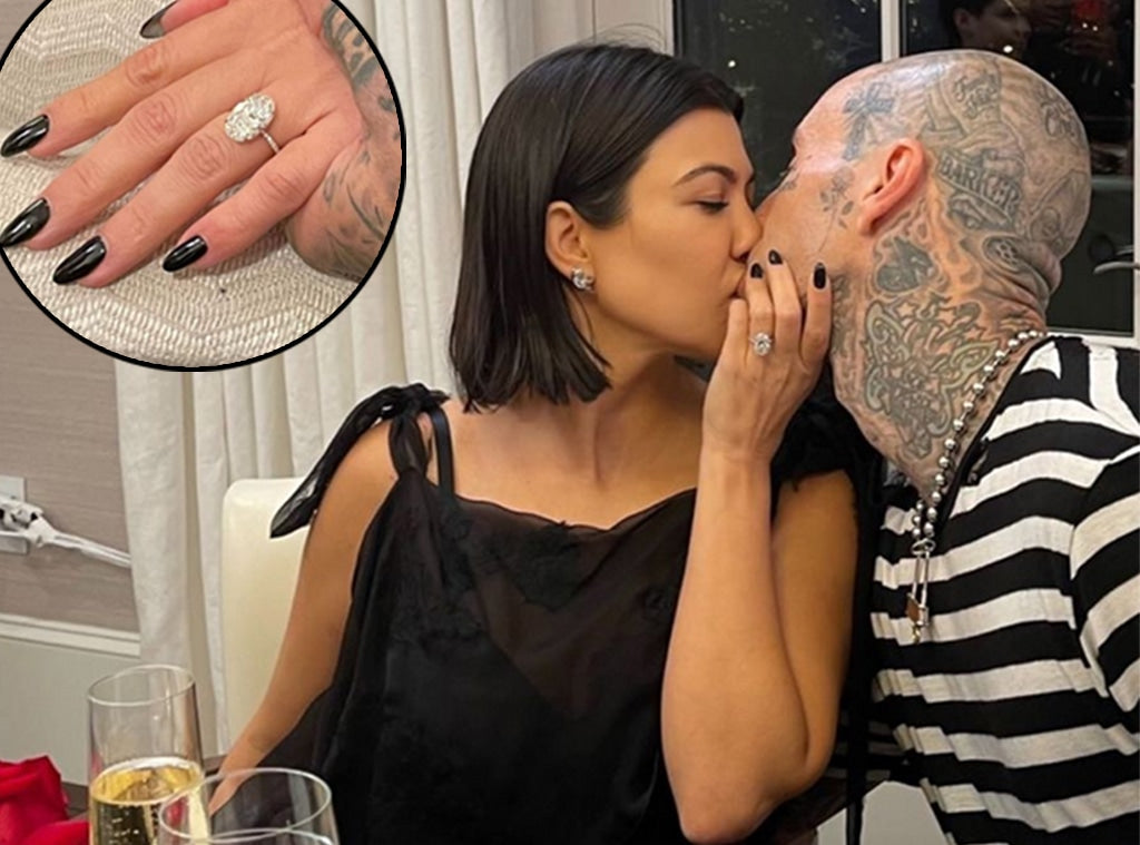 Kourtney Kardashian with her oval-cut diamond engagement ring, which she accidentally broke weeks after her proposal with Travis Barker.