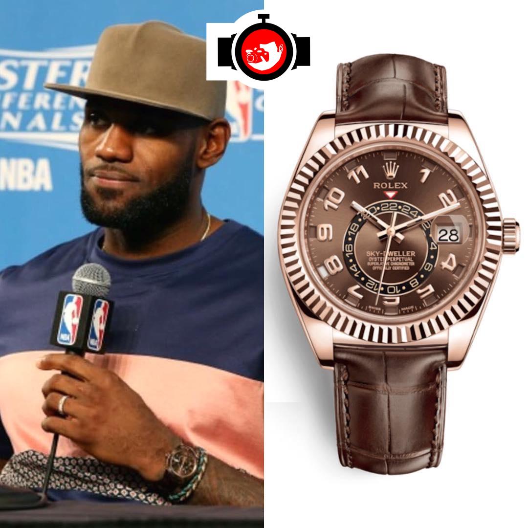 LeBron James wearing a Rolex Sky-Dweller in Everose gold with chocolate dial during NBA All-Star Weekend, showcasing celebrity watch trends, fluted bezel luxury, and Rolex for athletes.