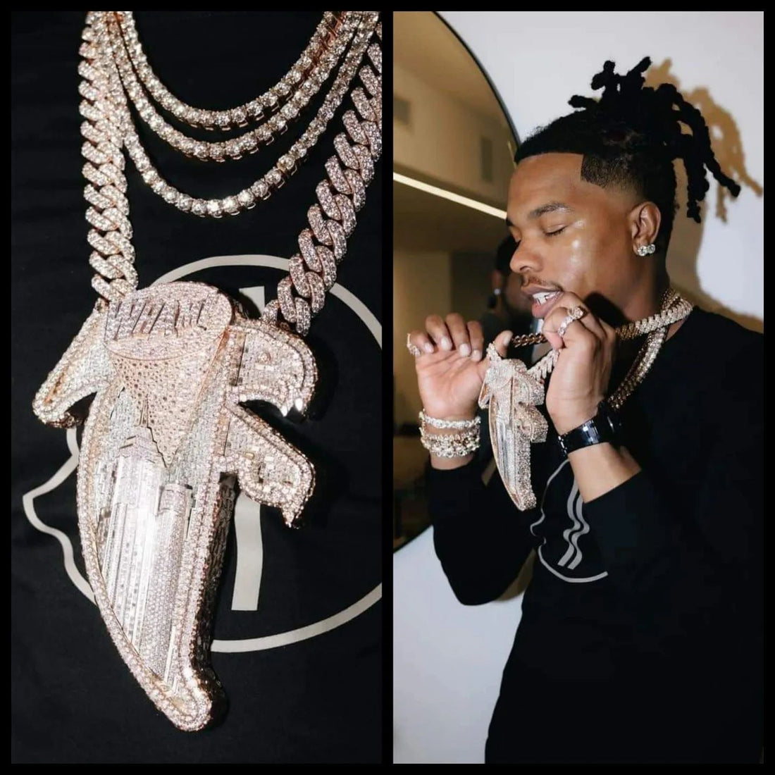 Lil Baby wearing a custom iced-out 4PF diamond chain gifted by James Harden, featuring VS diamonds and a bustdown pendant design.