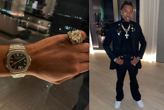 Lil Baby holding a $400K fake Patek Philippe Nautilus watch he unknowingly purchased, later refunded after public backlash and online watch expert exposure.