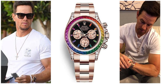 Mark Wahlberg wearing a factory-set Rolex Rainbow Daytona with multicolored sapphires and factory diamonds, initially mistaken as fake online.