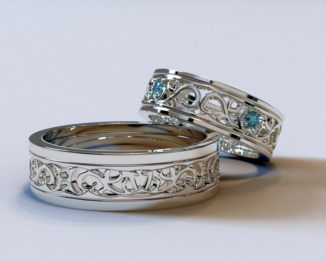Close-up of matching wedding bands with personal engravings and lab grown diamond accents, representing custom engagement jewelry and emotional storytelling.