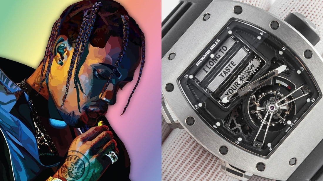 Travis Scott wearing a Richard Mille RM 11-03 Flyback Chronograph with skeleton dial and carbon TPT case during his UTOPIA tour, showcasing rapper luxury watch trends and high-end chronograph culture.