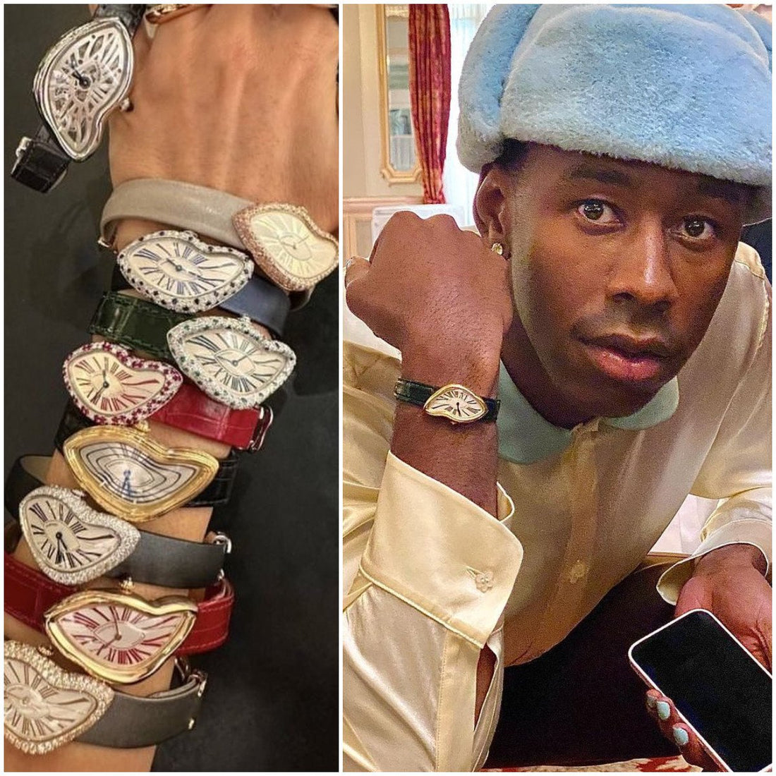 Tyler, the Creator wearing a rare yellow gold Cartier Crash watch with brown leather strap and distorted dial, seen during Paris Fashion Week, showcasing vintage luxury watch trends.