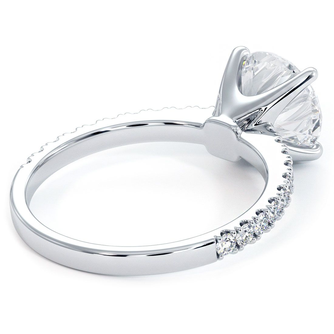 Rear view of round brilliant diamond ring in 18k white gold, petite micro prong setting with 0.42ctw side diamonds, Global Sky Diamonds, 44W 47th St GF-10 Diamond District NYC, Instagram @globalskydiamonds, TikTok @global.sky.diamond