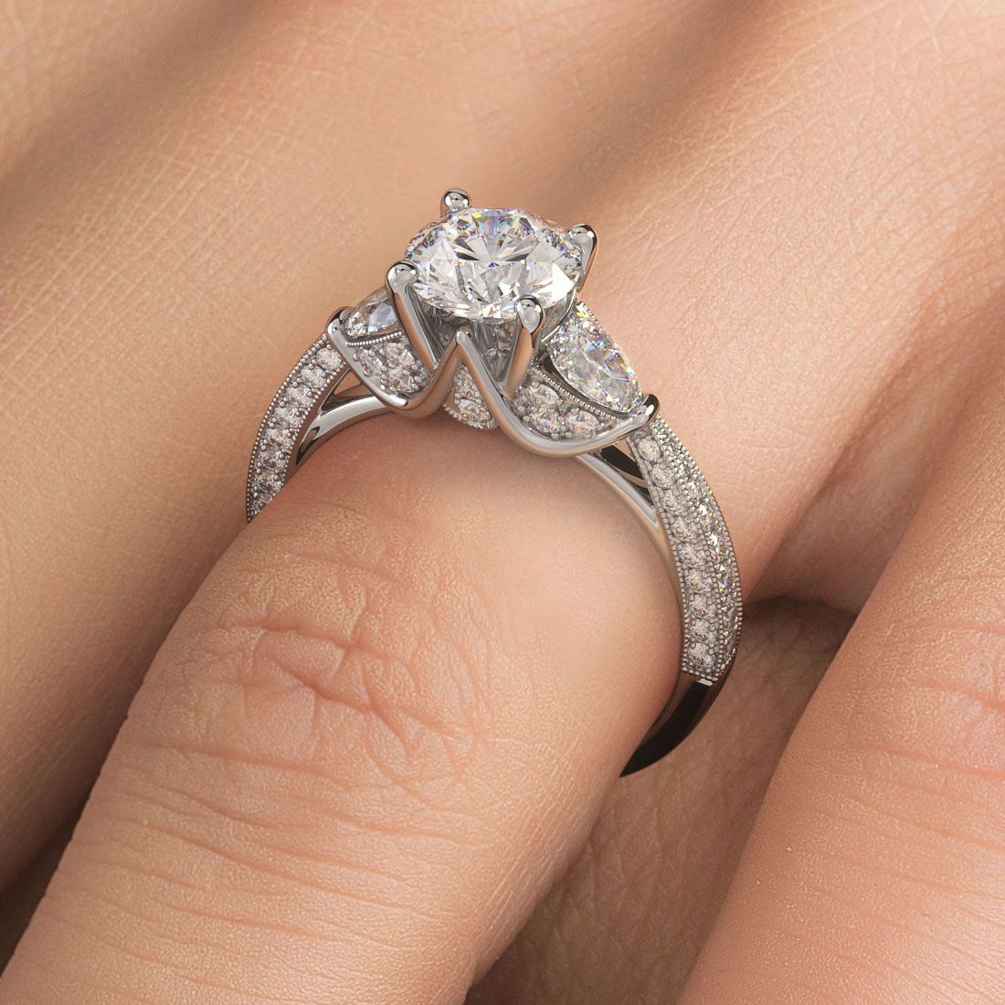 Vintage 18k white gold engagement ring with round center and side diamonds, milgrain detail | GlobalSkyDiamond.com