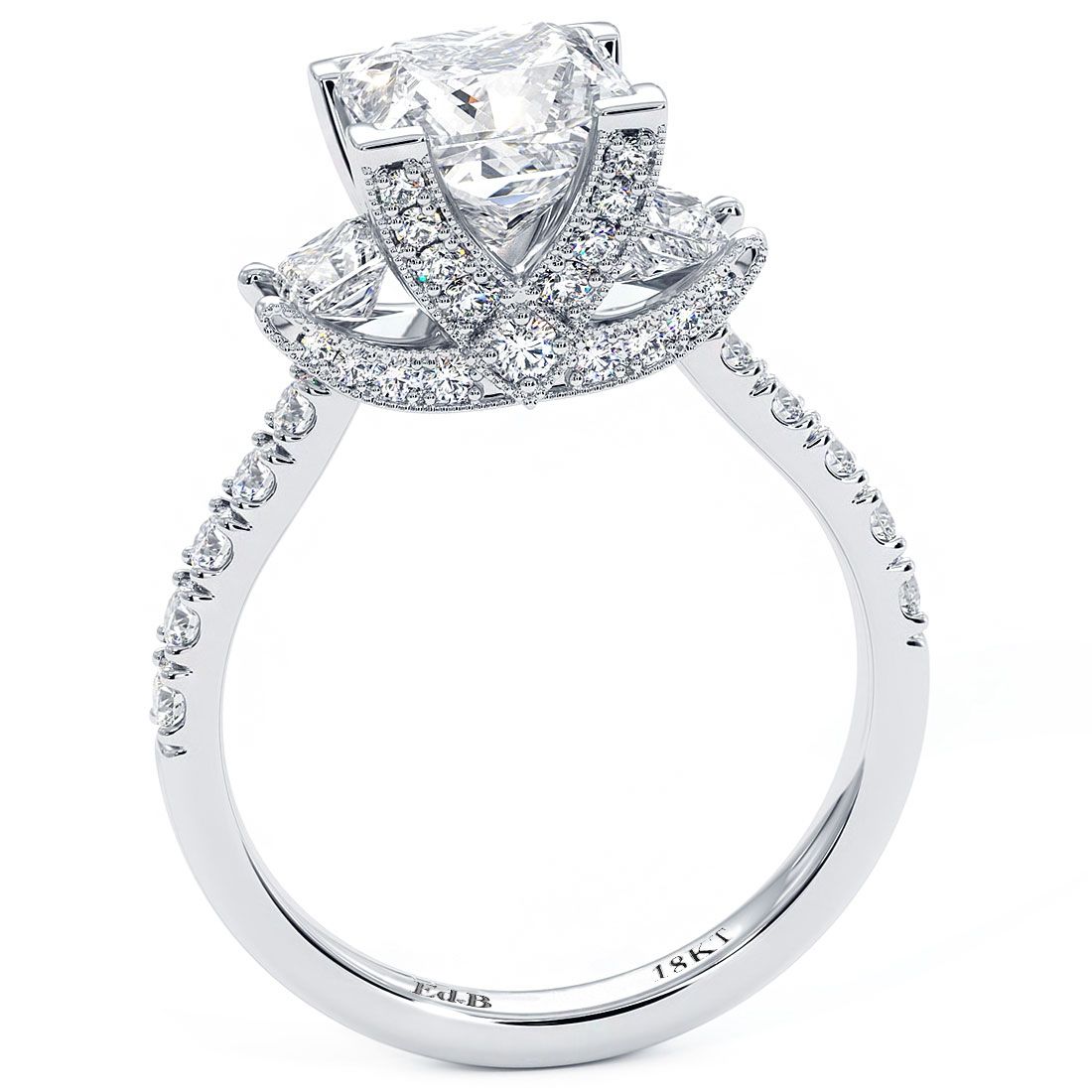 Side profile of 1.05ctw princess cut three stone diamond ring in 18k white gold – timeless engagement design by GlobalSkyDiamond.com.