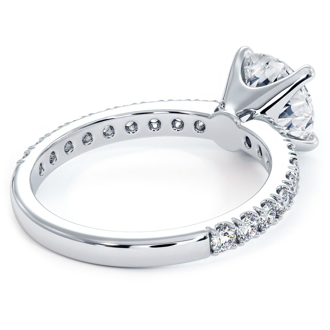 Elegant white gold engagement ring with round center diamond and half eternity band, micro prong set design by Global Sky Diamonds
