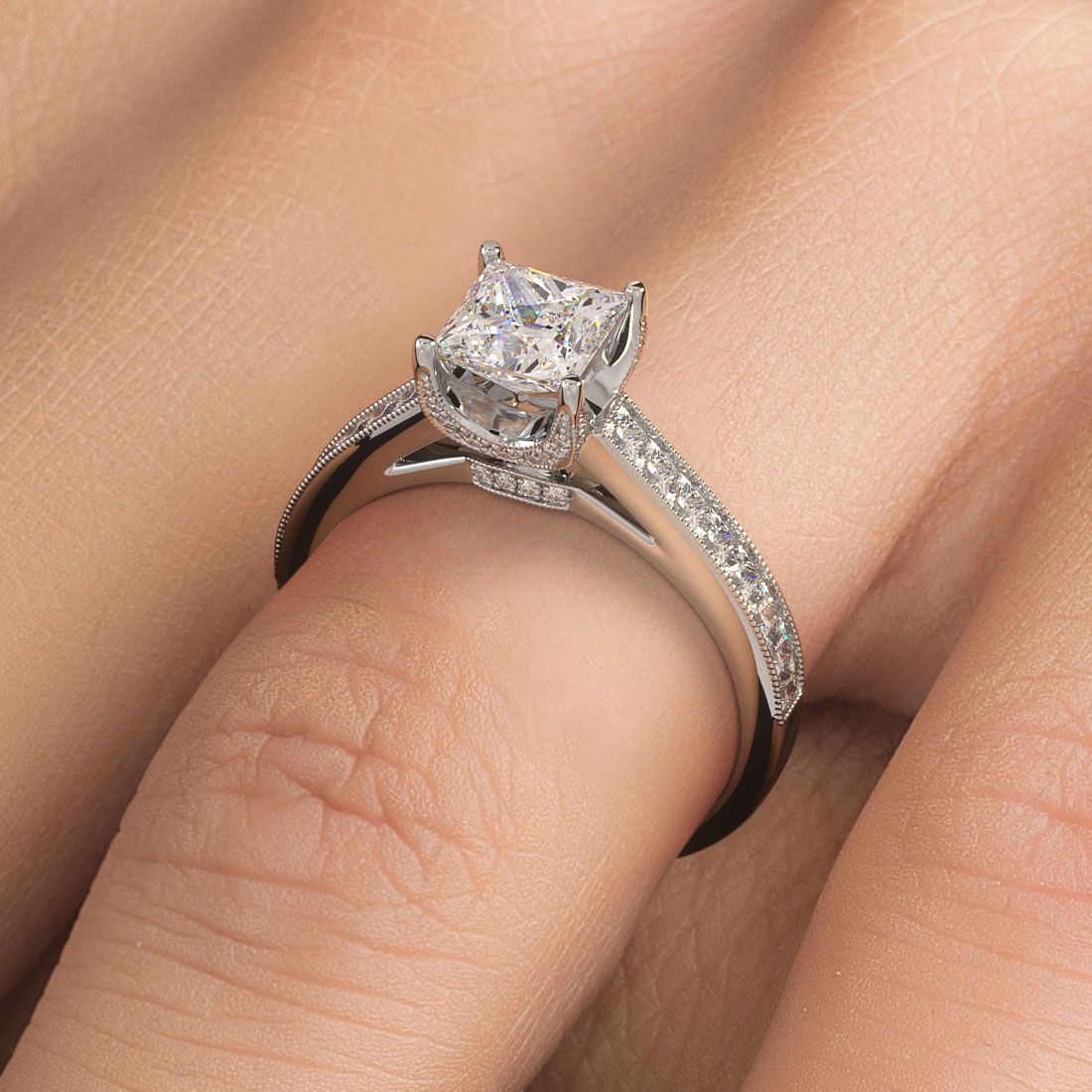 Close-up of princess cut diamond ring worn on hand, featuring cathedral setting and channel-set diamonds – timeless Mazalito ring by Global Sky Diamonds. Available at GlobalSkyDiamonds.com.