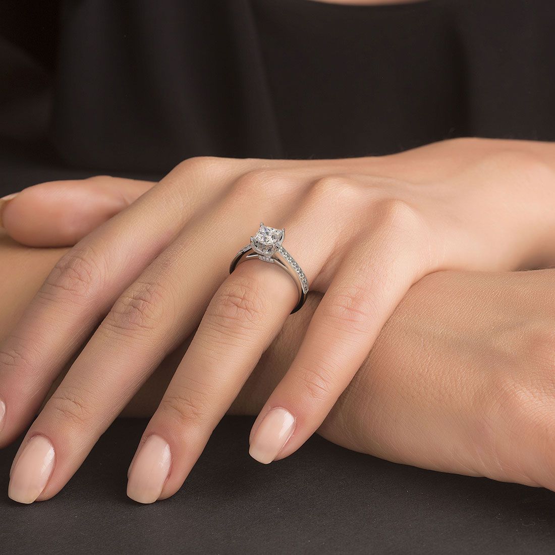Full hand view of princess cut engagement ring in a cathedral setting – elegant Mazalito style by Global Sky Diamonds. Find it today at GlobalSkyDiamonds.com.