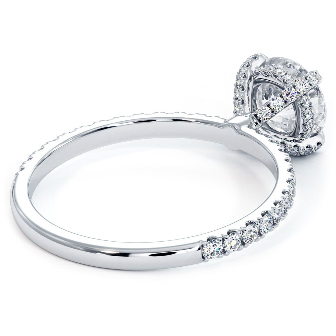 Underside view of round hidden halo engagement ring with basket head and micropavé diamonds (0.36ctw) in 18k white gold | Eagle prongs and intricate craftsmanship from Global Sky Diamonds – Mazalito-approved detail in NYC’s Diamond District | globalskydiamond.com