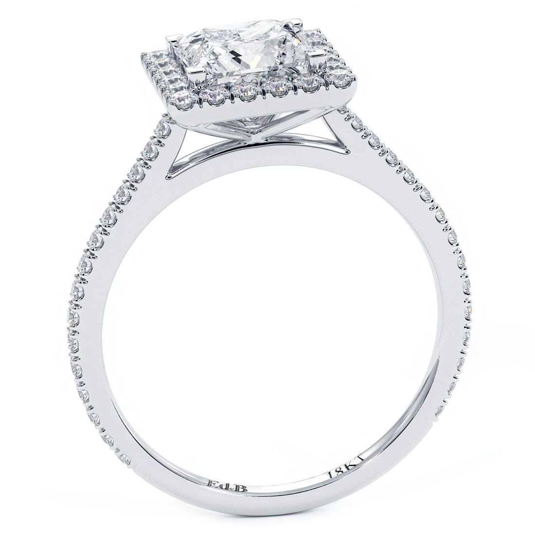 Micropavé halo princess cut engagement ring side view in white gold, globalskydiamond.com, Diamond District NYC GF-10 booth