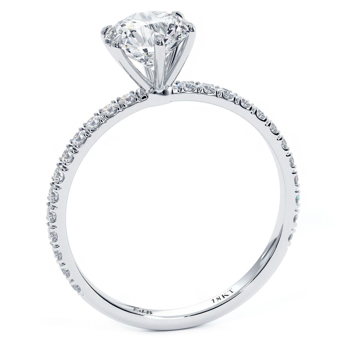 Elegant 6-prong engagement ring profile in 18k white gold with micropavé diamonds on tapered shank — globalskydiamond.com, 44W 47th St, NYC
