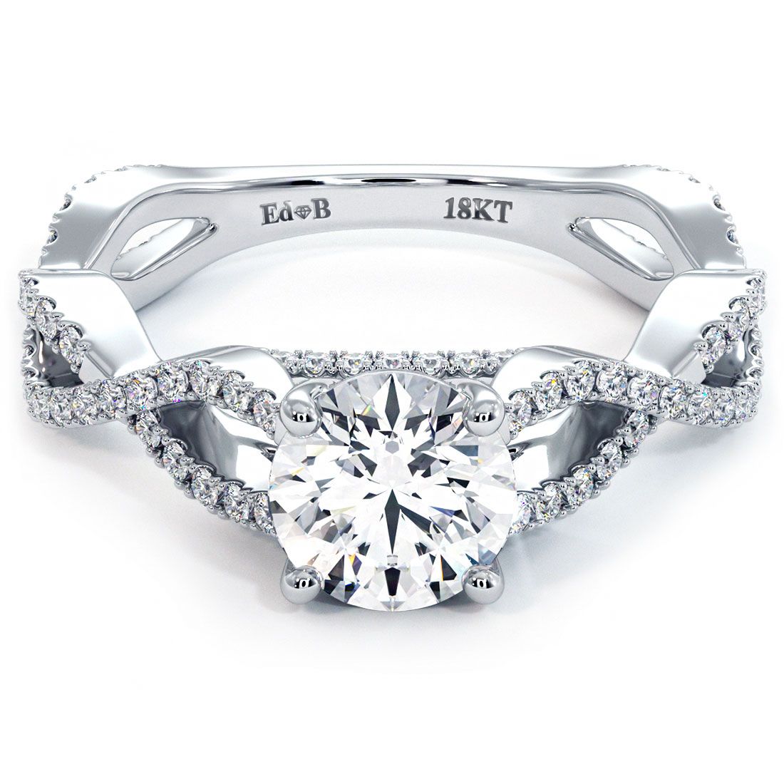 Round brilliant infinity twist cathedral diamond ring in 18k white gold, globalskydiamond.com, Diamond District NYC booth GF-10