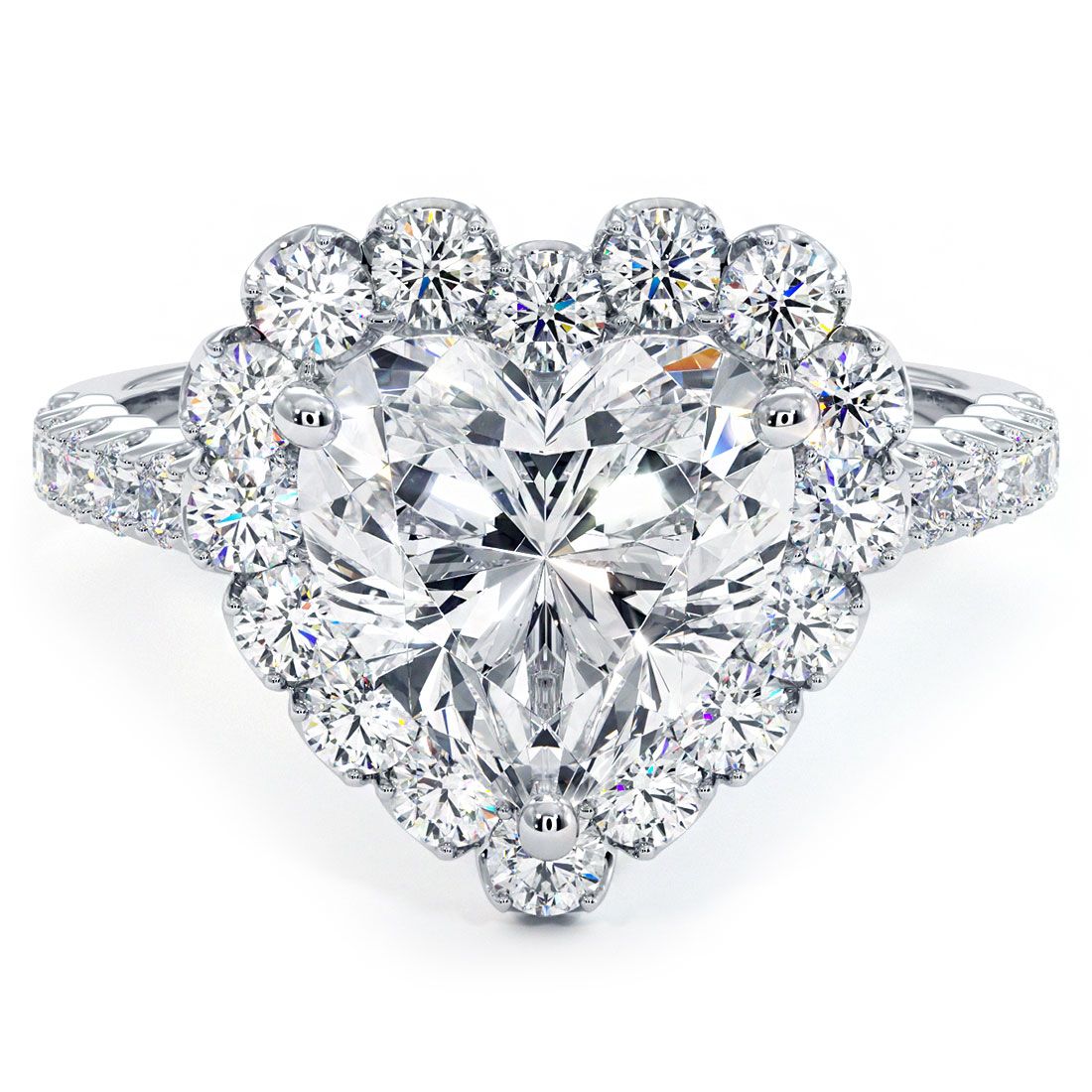 Heart shape halo diamond engagement ring in 18k white gold with beaded prongs, globalskydiamond.com, NYC Diamond District GF-10
