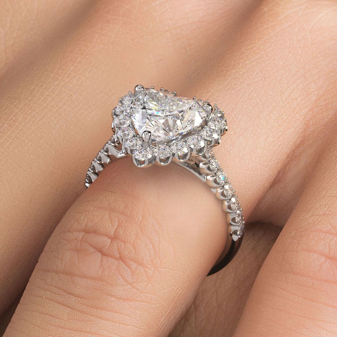 Heart shape beaded prong halo ring in 18k white gold, globalskydiamond.com, 44W 47th St NYC Diamond District booth GF-10