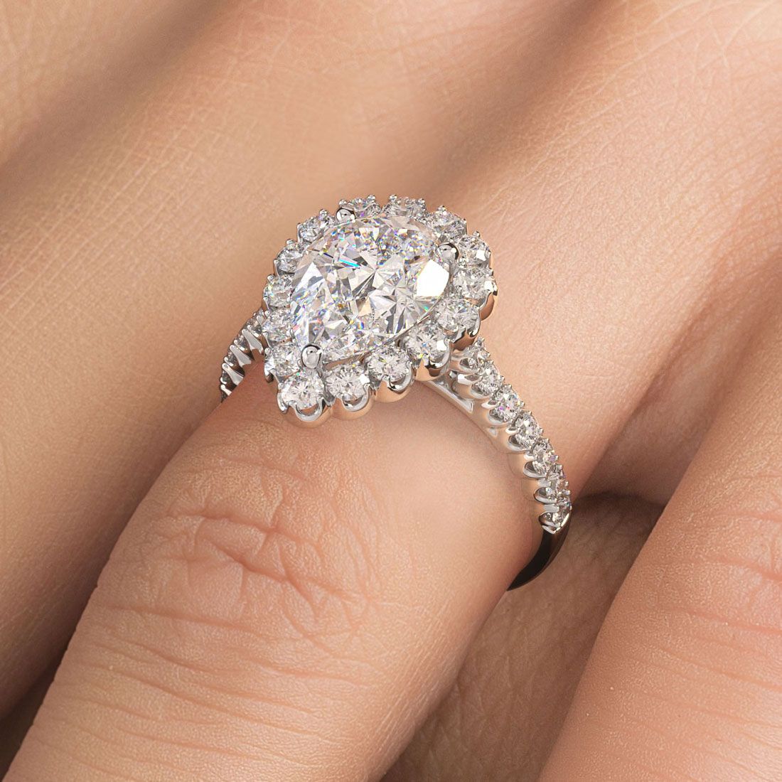 Pear shape halo engagement ring setting in 18k white gold, globalskydiamond.com, 44W 47th St NYC booth GF-10