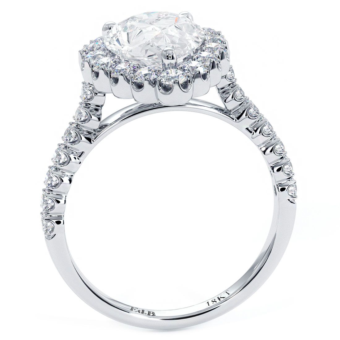 Side view of pear halo ring with beaded prongs in 18k white gold, globalskydiamond.com, booth GF-10 Diamond District NYC