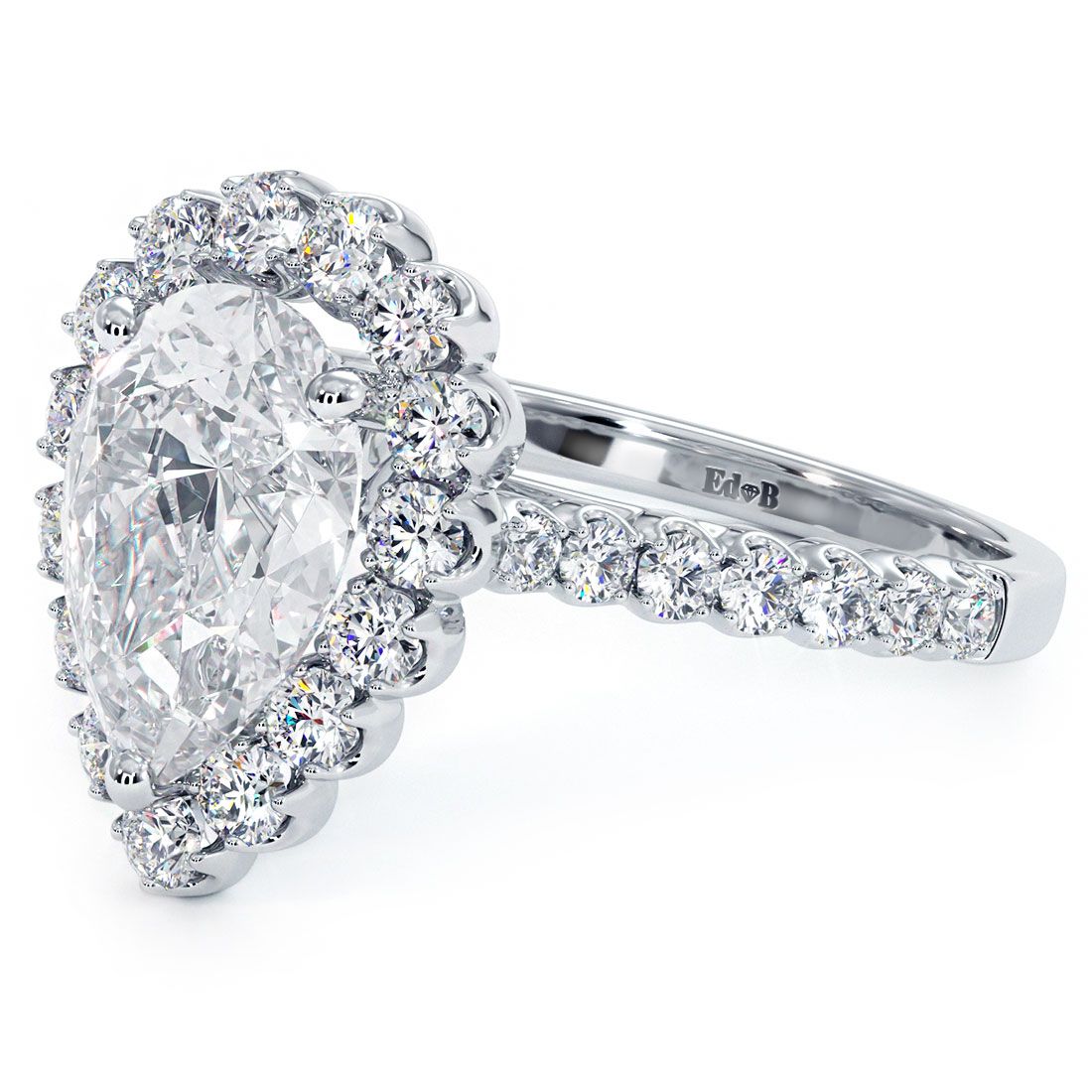 Top view of pear shape beaded halo engagement ring in white gold, globalskydiamond.com, Diamond District NYC GF-10