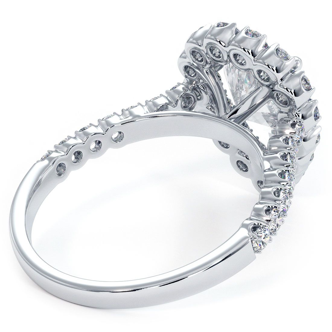 Undergallery view of pear diamond halo ring setting in white gold, globalskydiamond.com, 44W 47th St NYC booth GF-10
