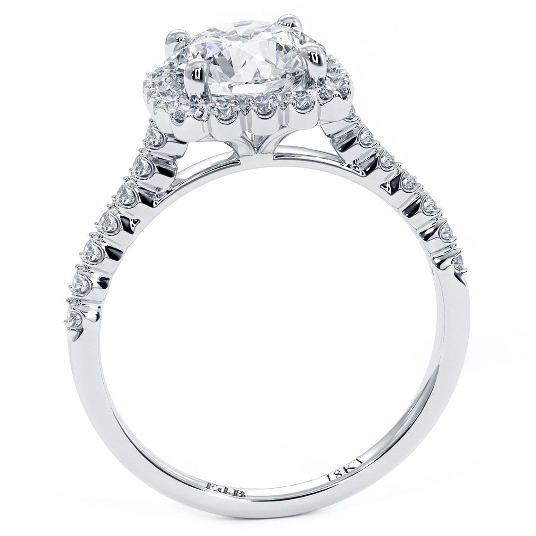 Side profile of cushion halo diamond engagement ring with intricate beaded prong setting and diamond-accented band in 18k white gold, made by Global Sky Diamonds at 44W 47th St Booth GF-10, NYC Diamond District. View more at GlobalSkyDiamond.com.