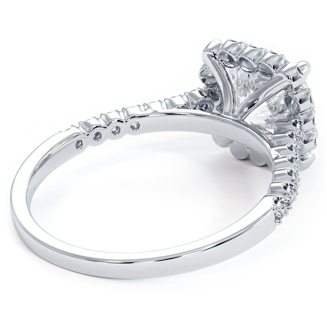 Underside detail of cushion halo engagement ring with round center and hidden pavé diamonds beneath halo and along shank in 18k white gold, expertly crafted by Global Sky Diamonds, 44W 47th St Booth GF-10. Discover more at GlobalSkyDiamond.com.