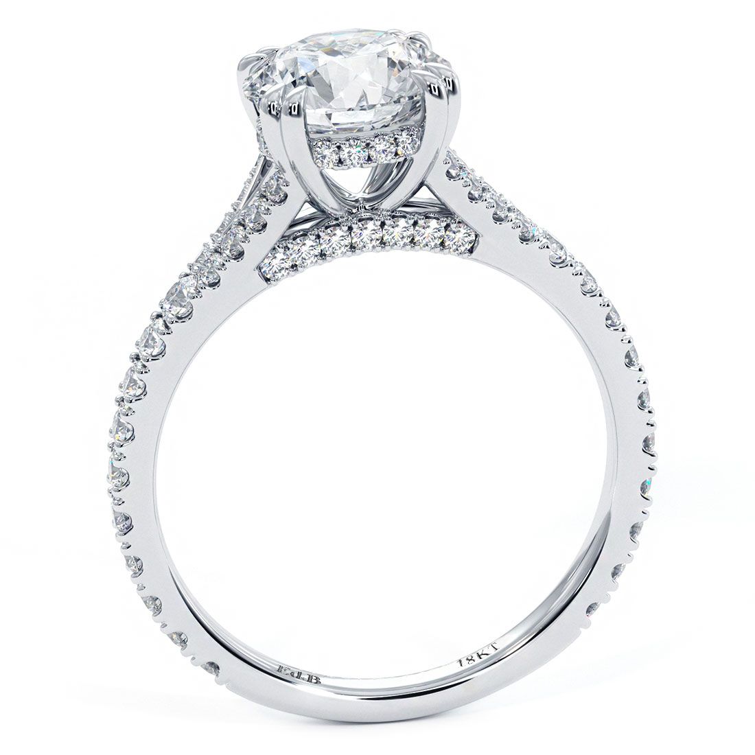 Side profile of 18k white gold Round Brilliant Halo Diamond Engagement Ring with micropavé diamonds on band and basket, featuring G color SI1 clarity accent stones and modern cathedral setting, available at Global Sky Diamonds, NYC Diamond District. Visit globalskydiamond.com for timeless luxury jewelry