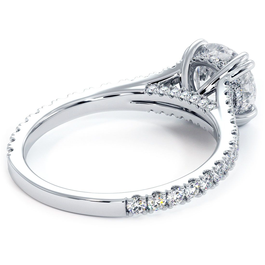 Rear view of 1.0ct Round Brilliant center setting with halo and pavé band in 18k white gold, showcasing under-gallery detail and expert stone placement by Global Sky Diamonds, fine engagement ring specialists in NYC’s Diamond District. Shop this style at globalskydiamond.com.