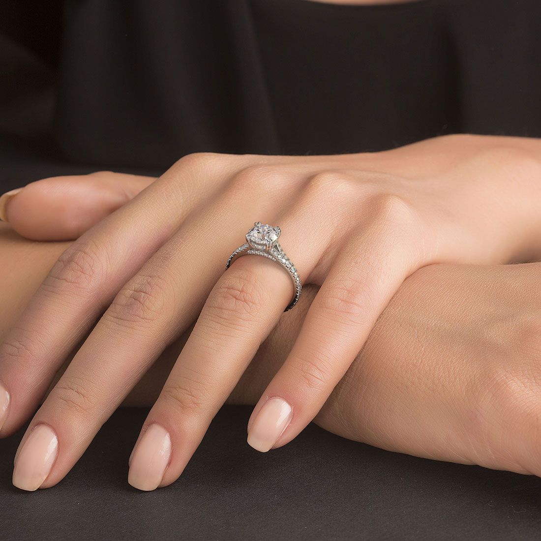 Rear view of 1.0ct Round Brilliant center setting with halo and pavé band in 18k white gold, showcasing under-gallery detail and expert stone placement by Global Sky Diamonds, fine engagement ring specialists in NYC’s Diamond District. Shop this style at globalskydiamond.com.