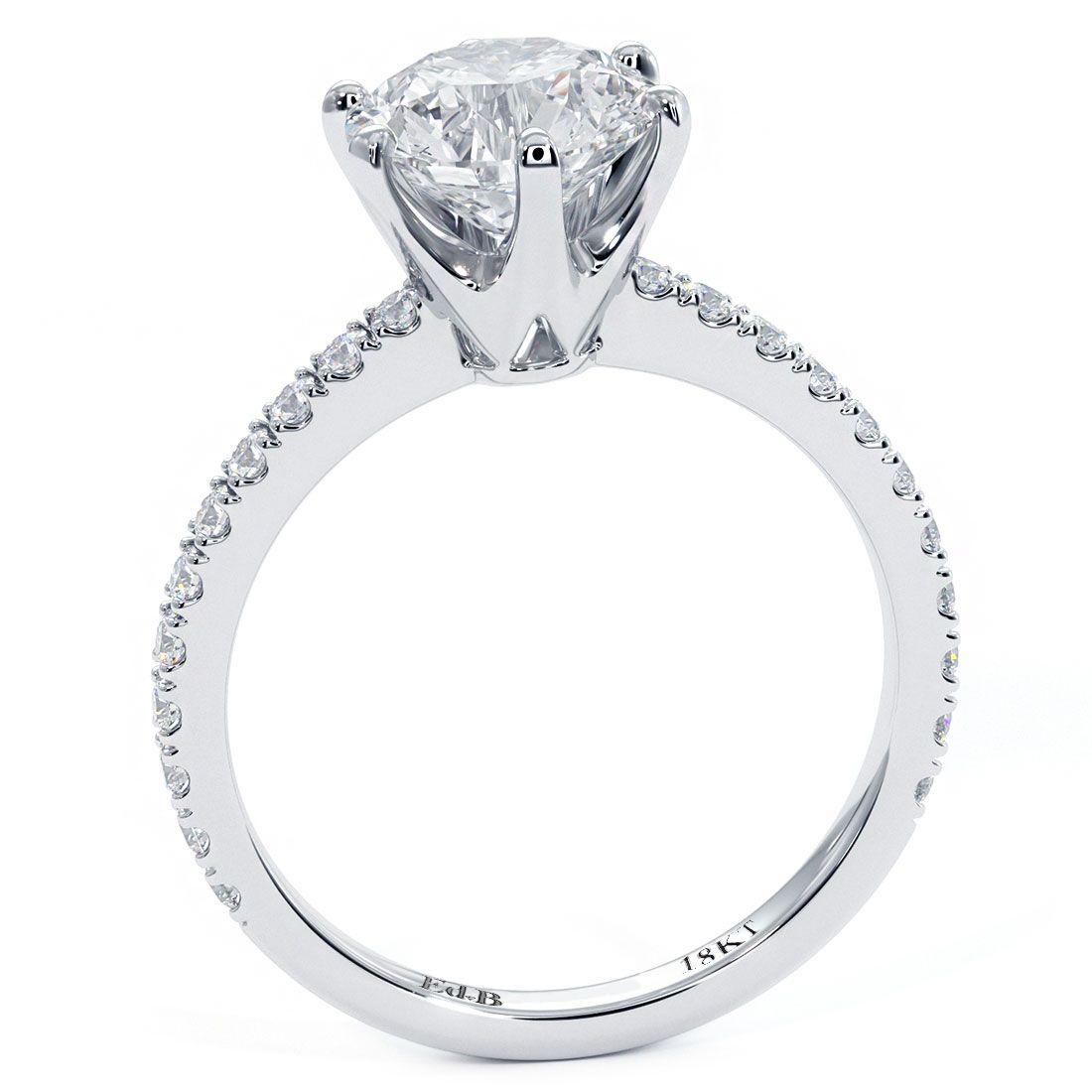 Top view of 6-prong head engagement ring with micropavé shank (0.30ctw), 18k white gold, round diamond setting — globalskydiamond.com, Diamond District NYC