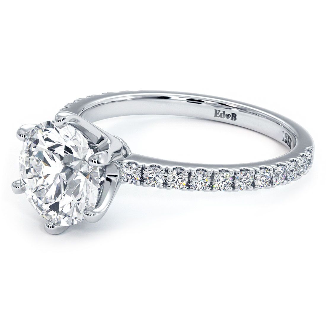 Side view of petite micropavé diamond engagement ring in 18k white gold with 6-prong head for round 1.50ct — Global Sky Diamonds, NYC — globalskydiamond.com