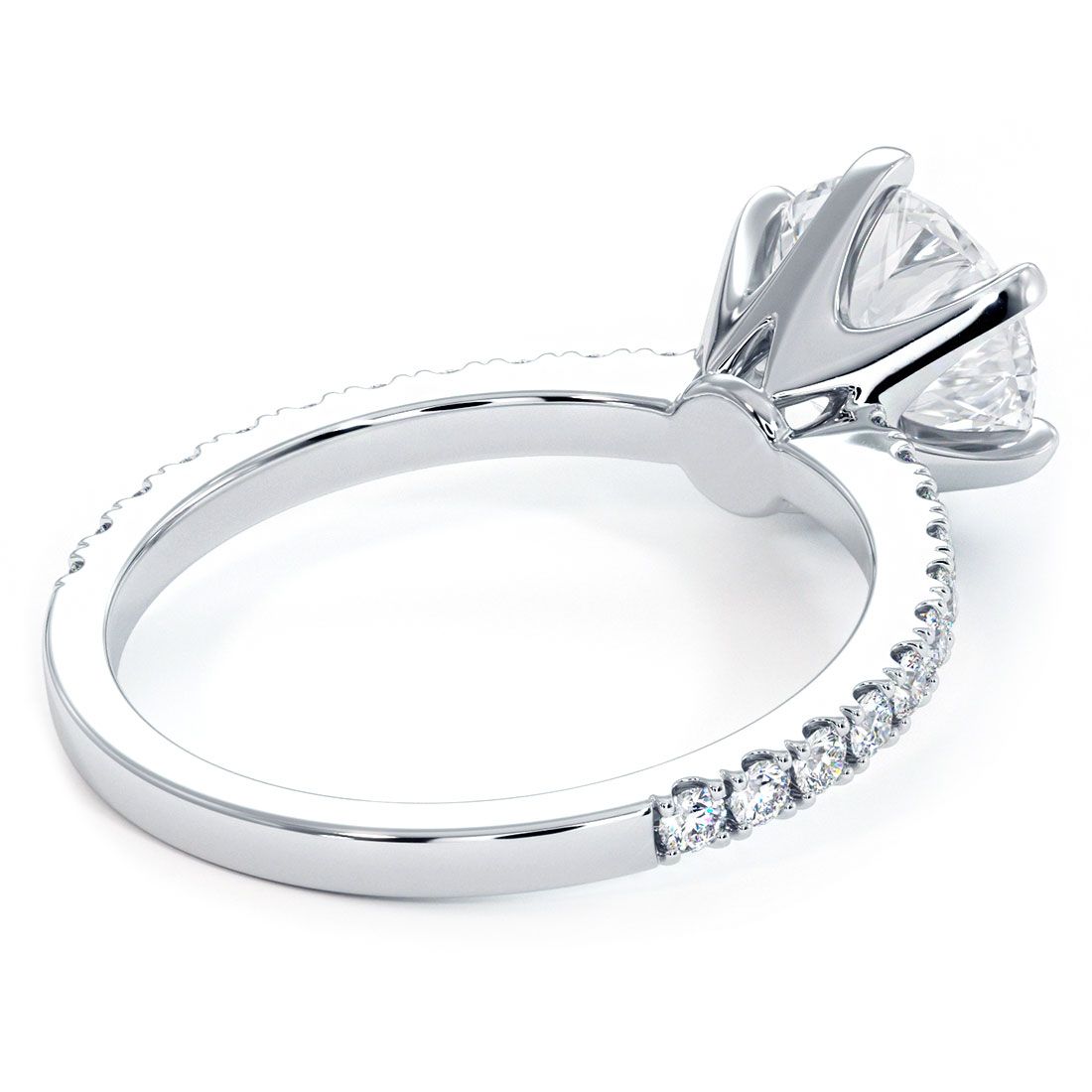 Underside detail of 18k white gold engagement ring with 6-prong head and SI1 G-color micropavé diamonds — Global Sky Diamonds NYC — globalskydiamond.com