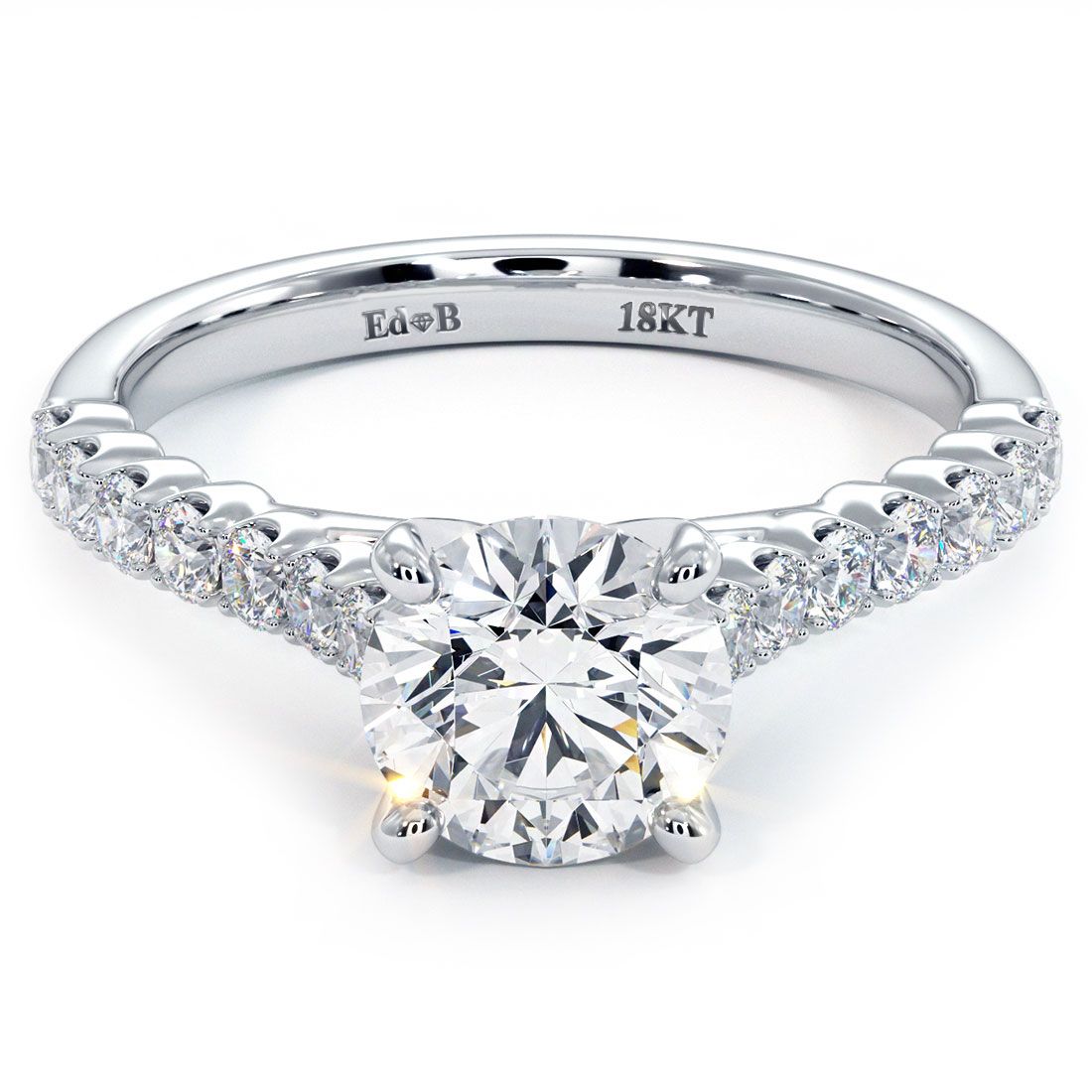 Round brilliant beaded prong band diamond engagement ring setting in 18k white gold, 0.40 carats of G color SI1 clarity side stones, made for 1.0ct center diamond (not included), handcrafted in NYC Diamond District at GlobalSkyDiamond.com – Booth GF-10, 44W 47th St.