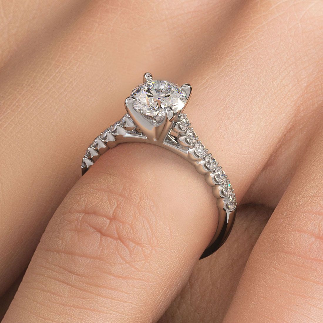 Elegant 18k white gold beaded prong round brilliant engagement ring setting with 0.40ctw natural G SI1 diamonds, split shank style for 1.0 carat round center (not included), available exclusively at GlobalSkyDiamond.com, 44W 47th St Booth GF-10 NYC.