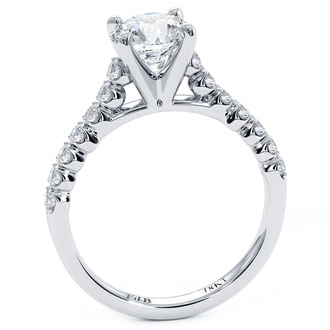 Close-up of 0.40ctw beaded prong diamond engagement ring setting in 18k white gold, designed for 1.0ct round center stone, side diamonds G color SI1 clarity, custom setting from Global Sky Diamonds NYC Diamond District, GlobalSkyDiamond.com, Booth GF-10.