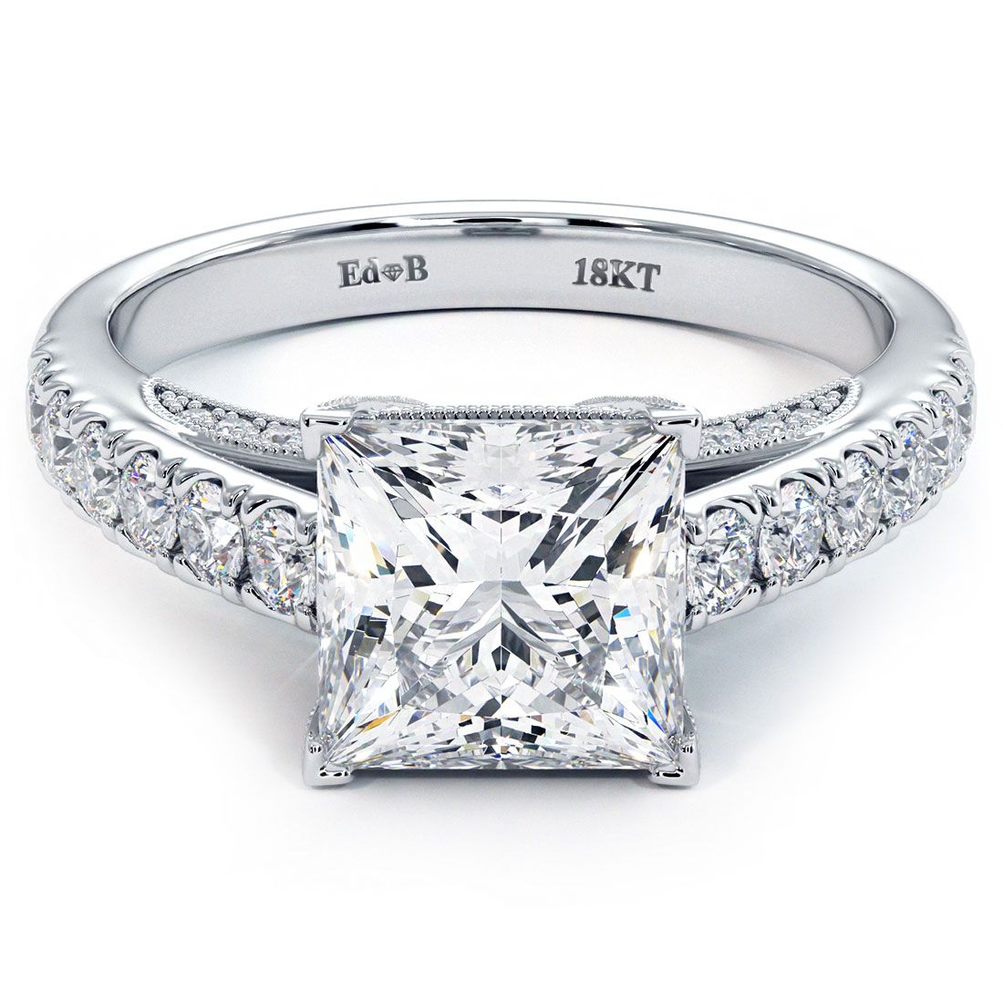 Princess cut diamond engagement ring setting in 18k white gold with micropavé band and milgrain prongs, 0.80ctw SI1 G side stones, no center stone included. Shop at Global Sky Diamonds, Diamond District NYC, globalskydiamond.com.