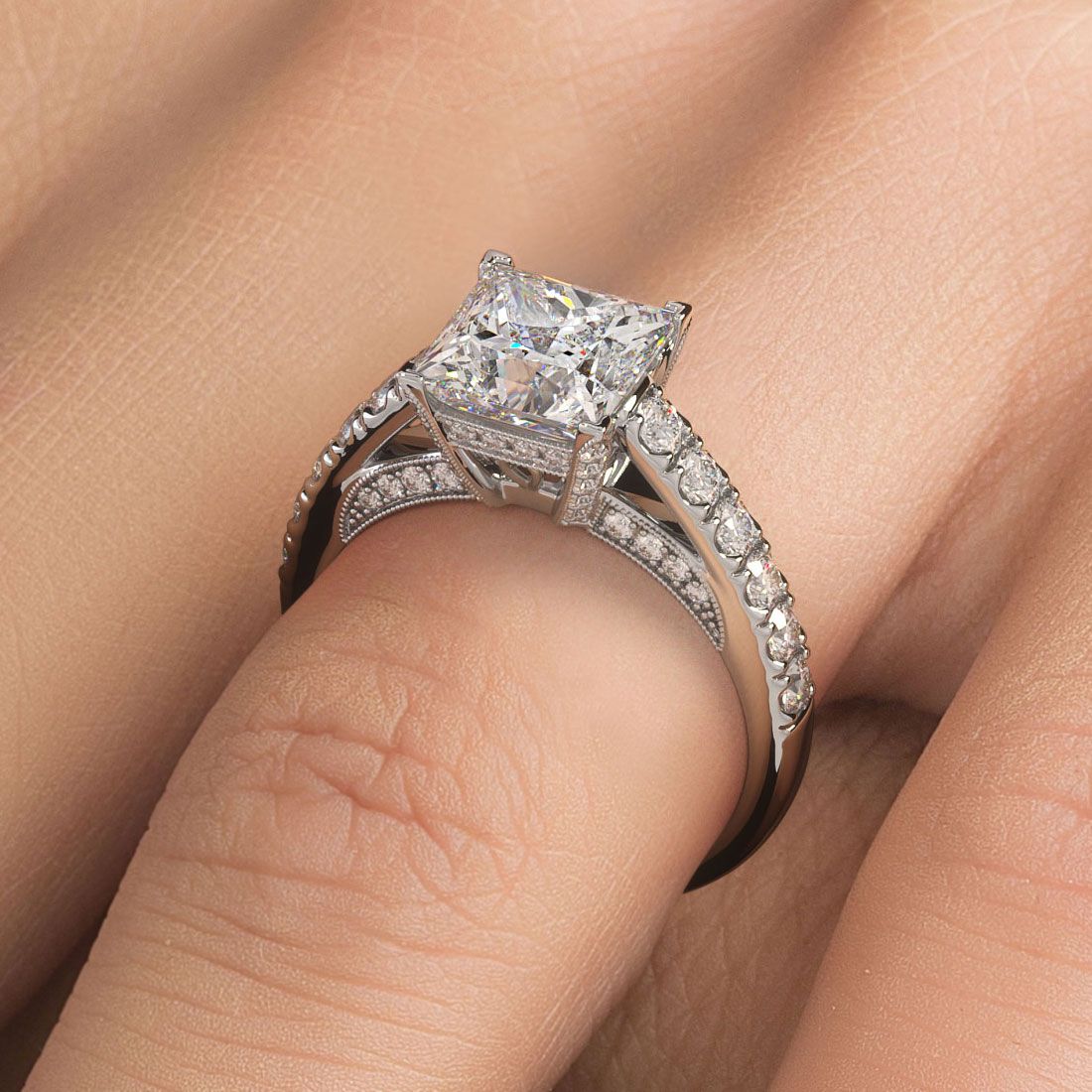 18k white gold princess cut diamond engagement ring setting with split shank and micropavé SI1 G diamonds, worn on hand. Center stone not included. Visit Global Sky Diamonds, 44W 47th St Booth GF-10 NYC. globalskydiamond.com.
