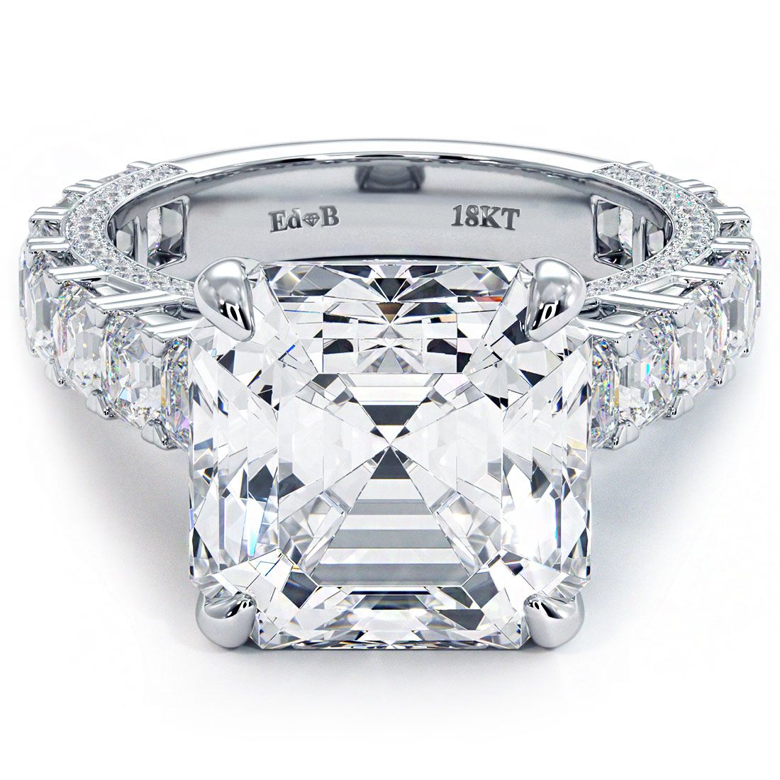 Asscher cut diamond engagement ring setting with cathedral shoulders and micropavé band in polished 18K white gold. 3.50ctw side diamonds, G color, SI1 clarity. Designed for a 7.0ct Asscher center stone. Handcrafted by Global Sky Diamonds in NYC's Diamond District at 44W 47th St Booth GF-10. Luxury bridal design. globalskydiamond.com @globalskydiamonds @global.sky.diamond