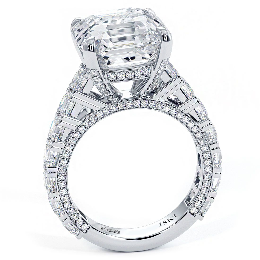 Side profile of Asscher cut cathedral engagement ring setting featuring diamond-encrusted shoulders and delicate micropavé detailing. Crafted in 18K white gold for a 7.0ct Asscher center. 3.50ctw G/SI1 side stones offer exceptional brilliance. Global Sky Diamonds, NYC Diamond District, 44W 47th St GF-10. globalskydiamond.com @globalskydiamonds @global.sky.diamond