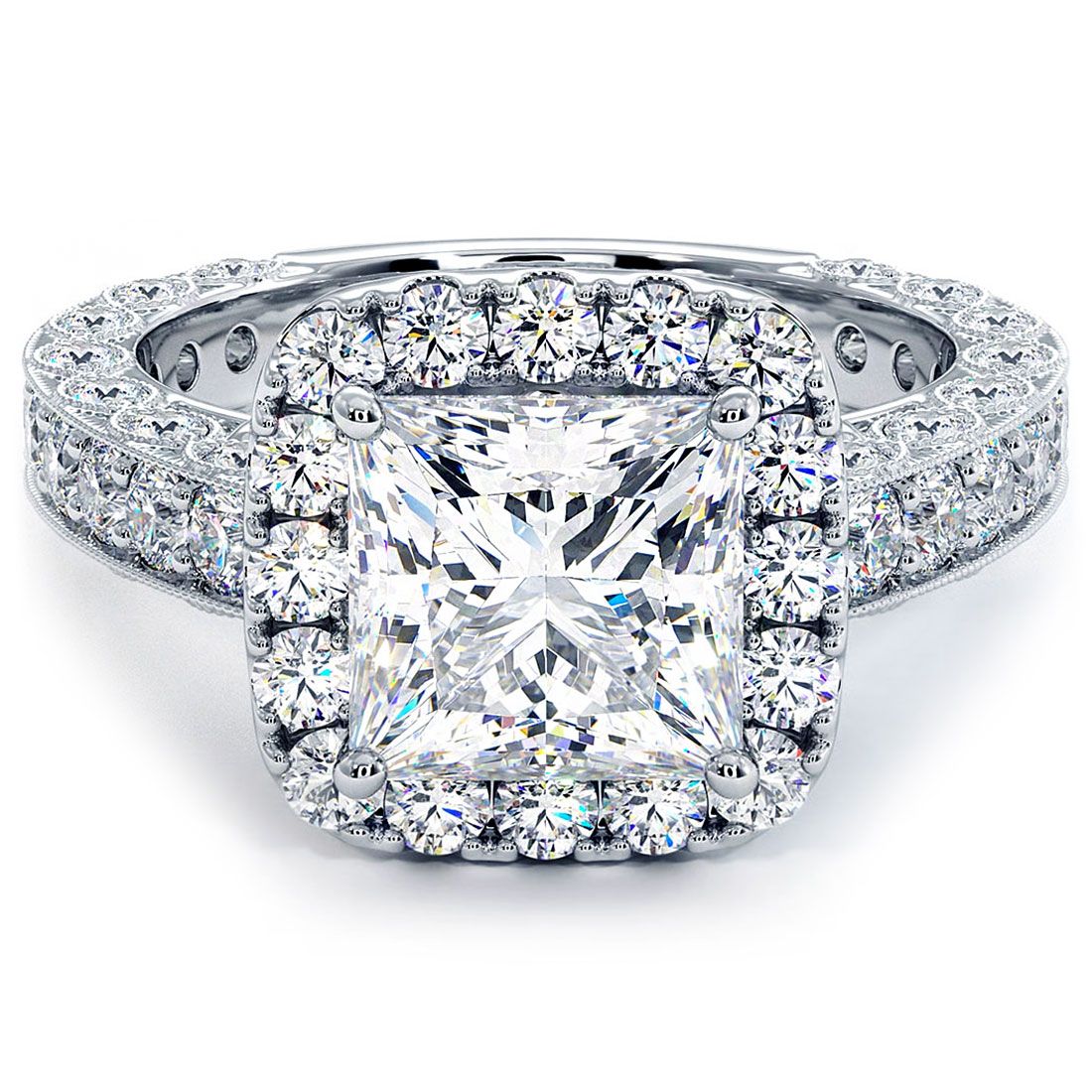 Princess cut diamond halo engagement ring setting with vintage filigree detailing in 18K white gold. Designed for a 3.0ct princess cut center stone (not included) with 1.90ctw of G color, SI1 clarity side diamonds. Intricate milgrain and halo craftsmanship. From Global Sky Diamonds, 44W 47th St Booth GF-10, NYC Diamond District. globalskydiamond.com @globalskydiamonds @global.sky.diamond