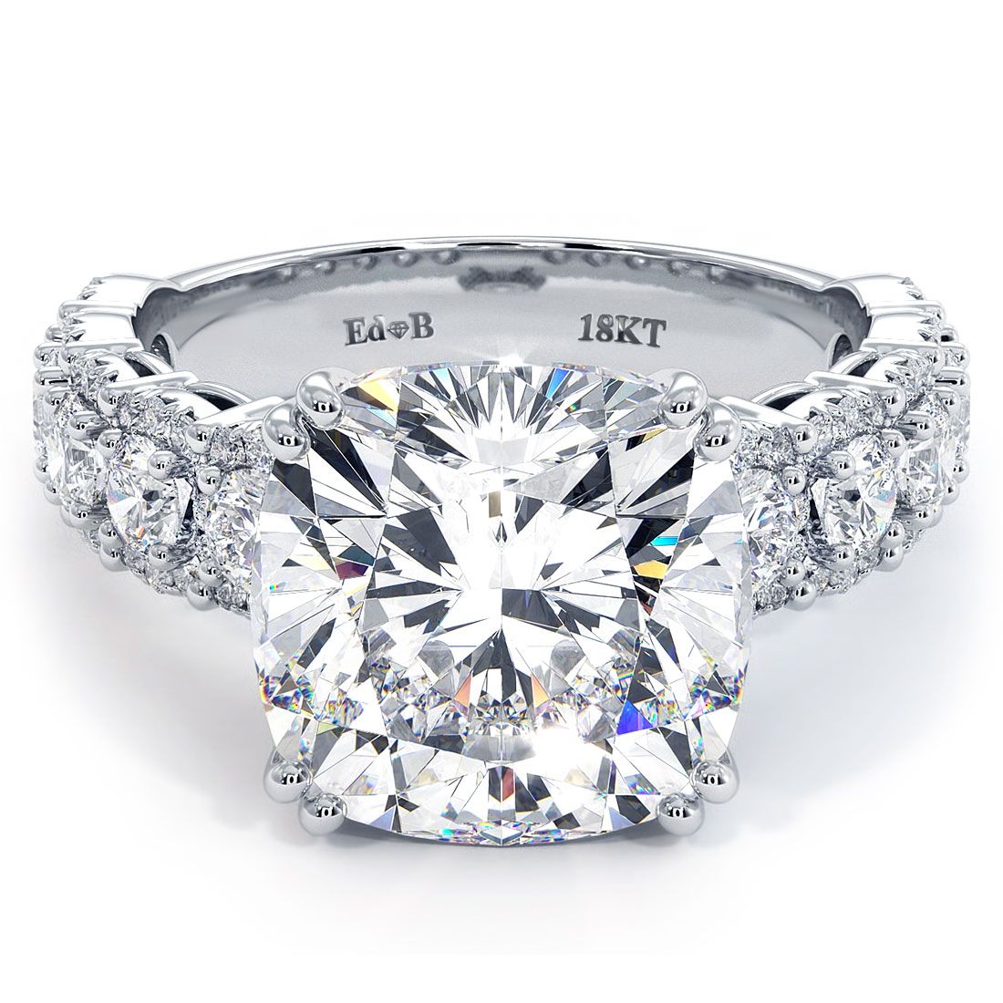 Cushion Cut Micropavé Halo Diamond Engagement Ring in 18k White Gold with 1.25ctw side diamonds in G color, SI1 clarity. Center stone not included, made for 5.0ct cushion cut. Dazzling sparkle in a timeless setting from Global Sky Diamonds, 44W 47th St Booth GF-10, NYC Diamond District. See more at globalskydiamond.com