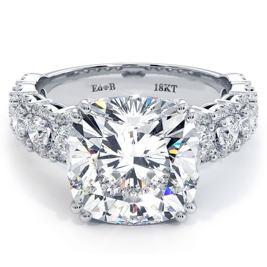 Cushion Cut Micropavé Halo Diamond Engagement Ring in 18k White Gold with 1.25ctw side diamonds in G color, SI1 clarity. Center stone not included, made for 5.0ct cushion cut. Dazzling sparkle in a timeless setting from Global Sky Diamonds, 44W 47th St Booth GF-10, NYC Diamond District. See more at globalskydiamond.com